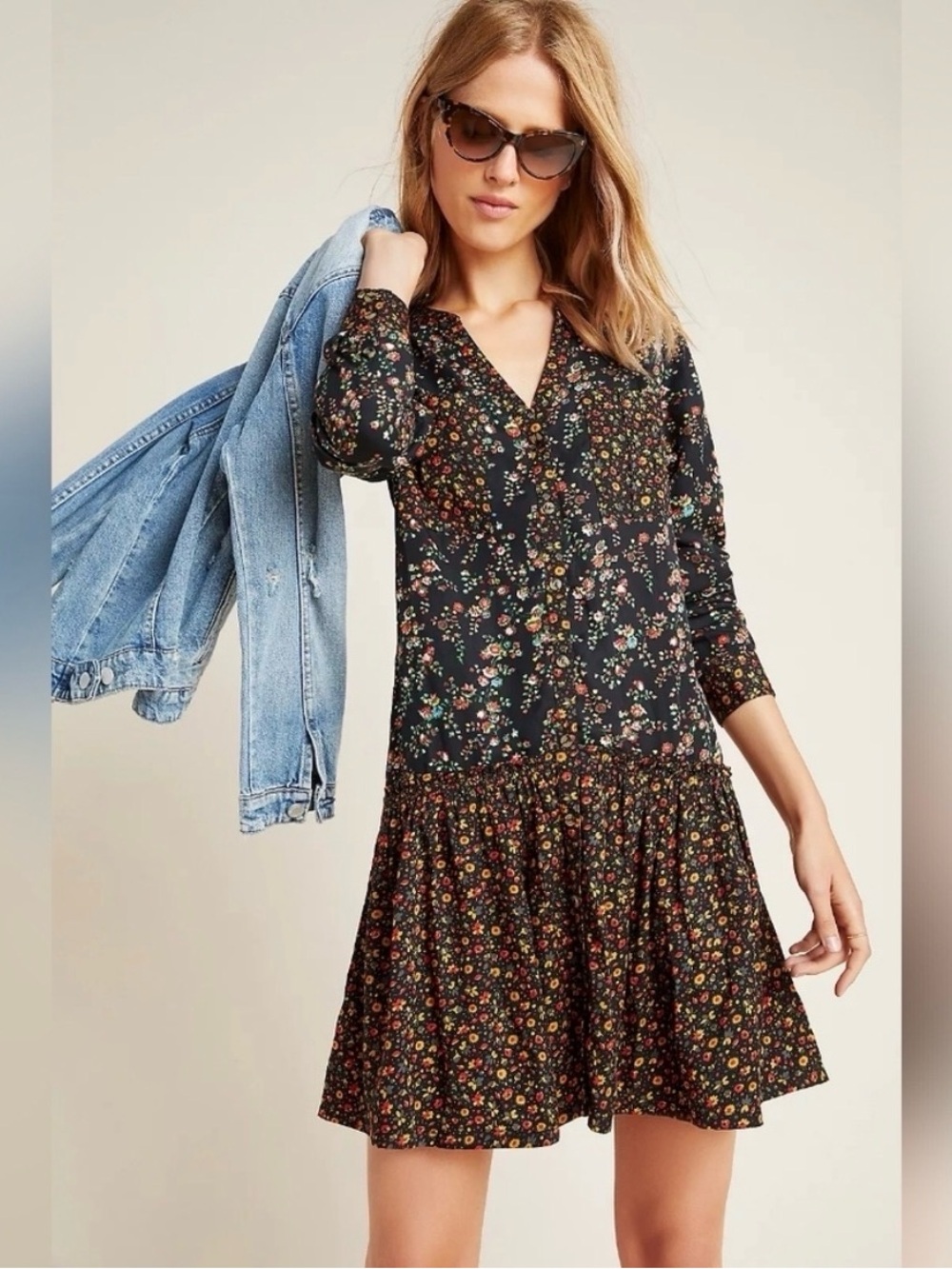 Anthropologie Maeve Black Floral Long-Sleeve Tiered Mini Dress - Sz 20